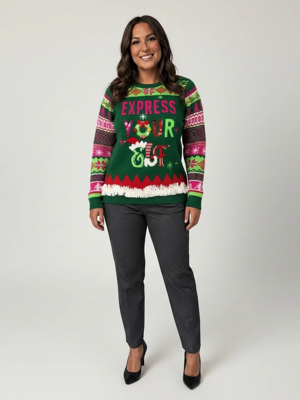 No Boundaries Express Your Elf Christmas Ugly Sweater Green 3D Tinsel Womens Med